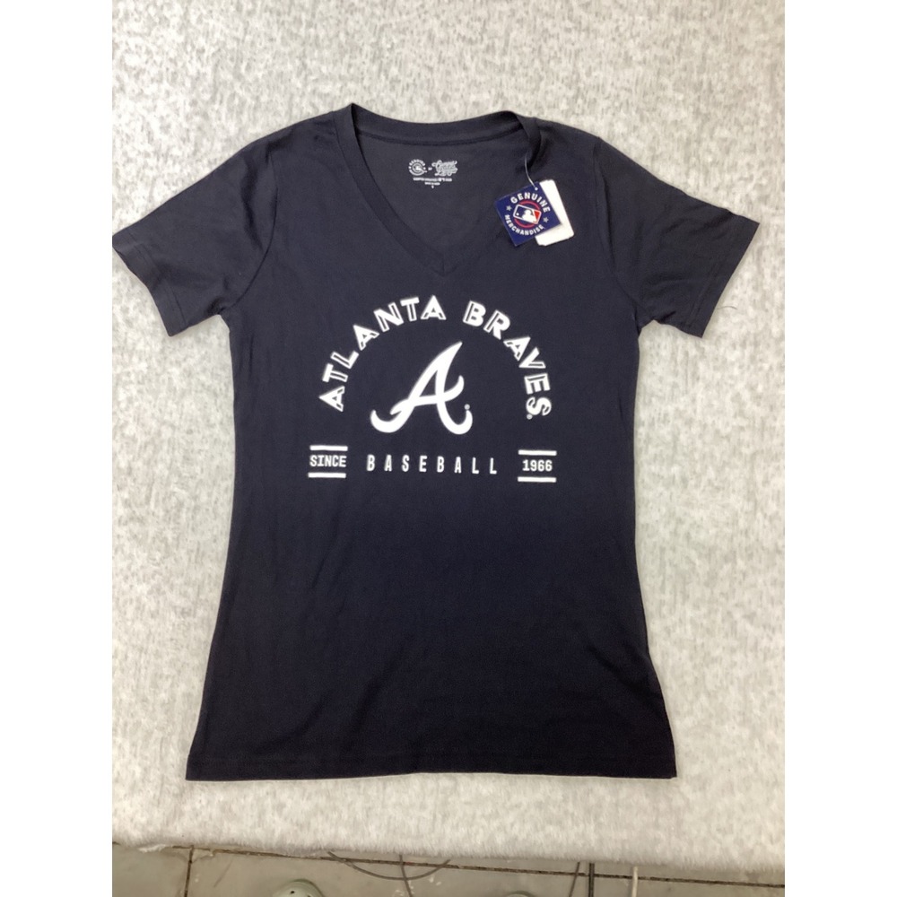 MLB Atlanta Braves Navy Blue V-Neck T-Shirt Women Small Campus Lifestyle 2679